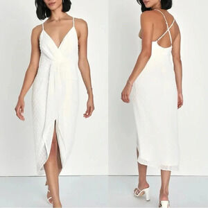 NWOT Lulus Stylish Invite White Swiss‎ Dot Surplice Midi Tulip Dress